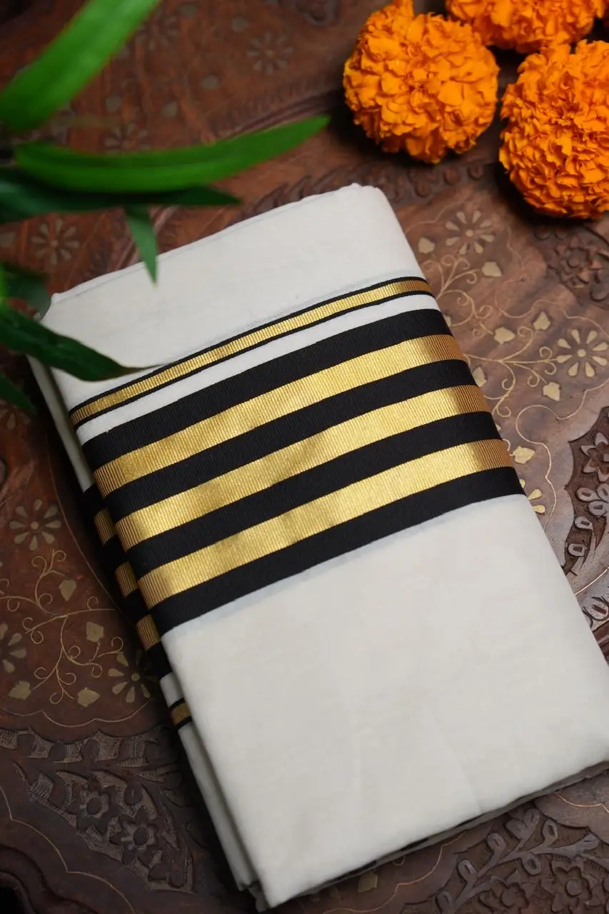 Pure Handloom Balarampuram Premium Set Mundu – Classic Kasavu & Black