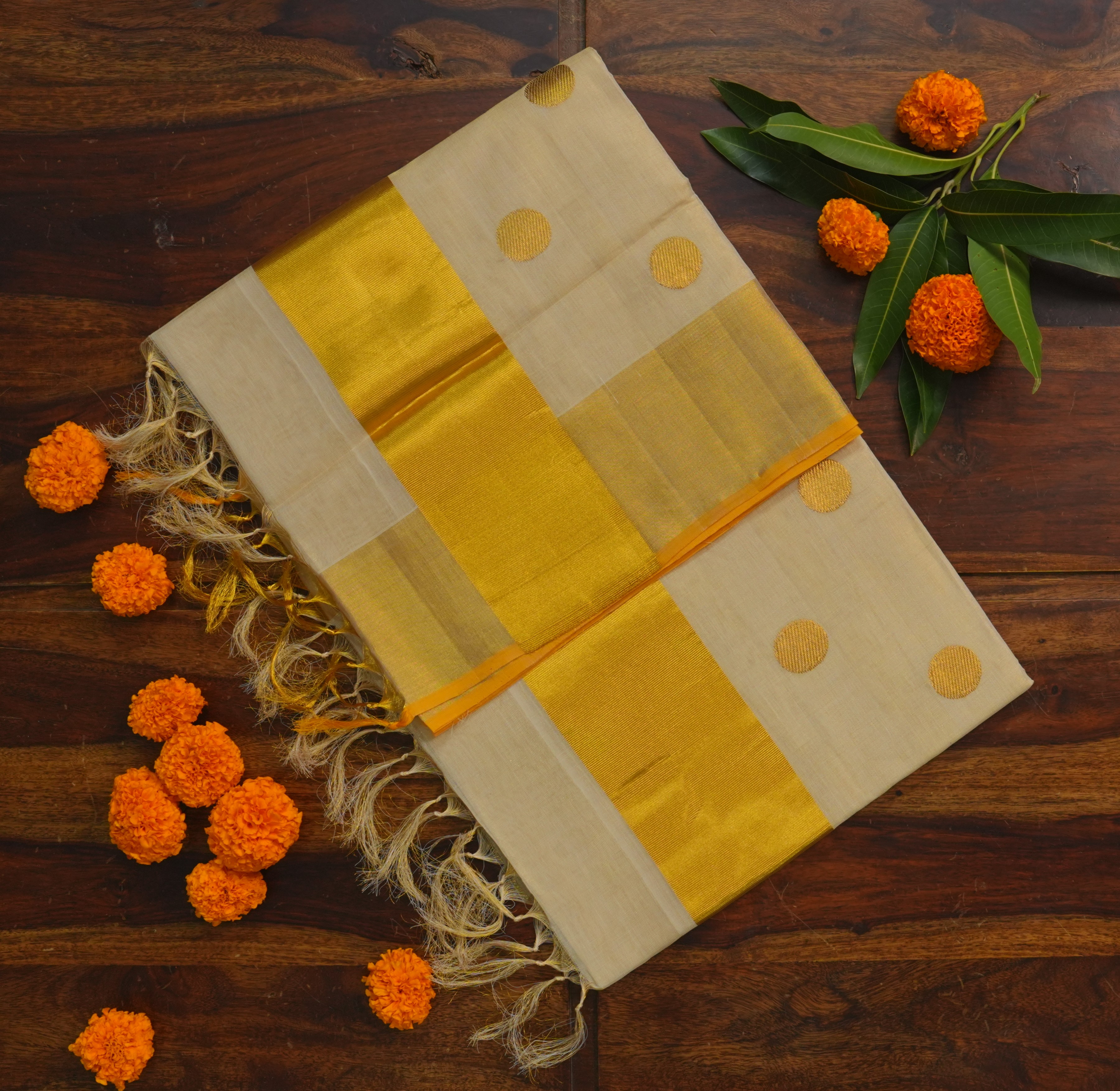 PON THULLI, A Pure Handloom Premium Tissue Saree – Classic Gold Polka