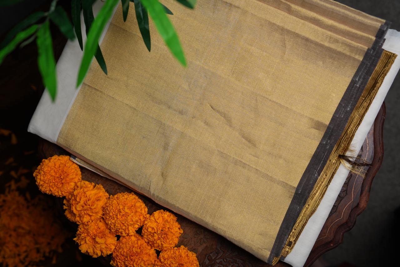 Pure Handloom Grand Gold Kasavu Saree – Coffee Brown Accent