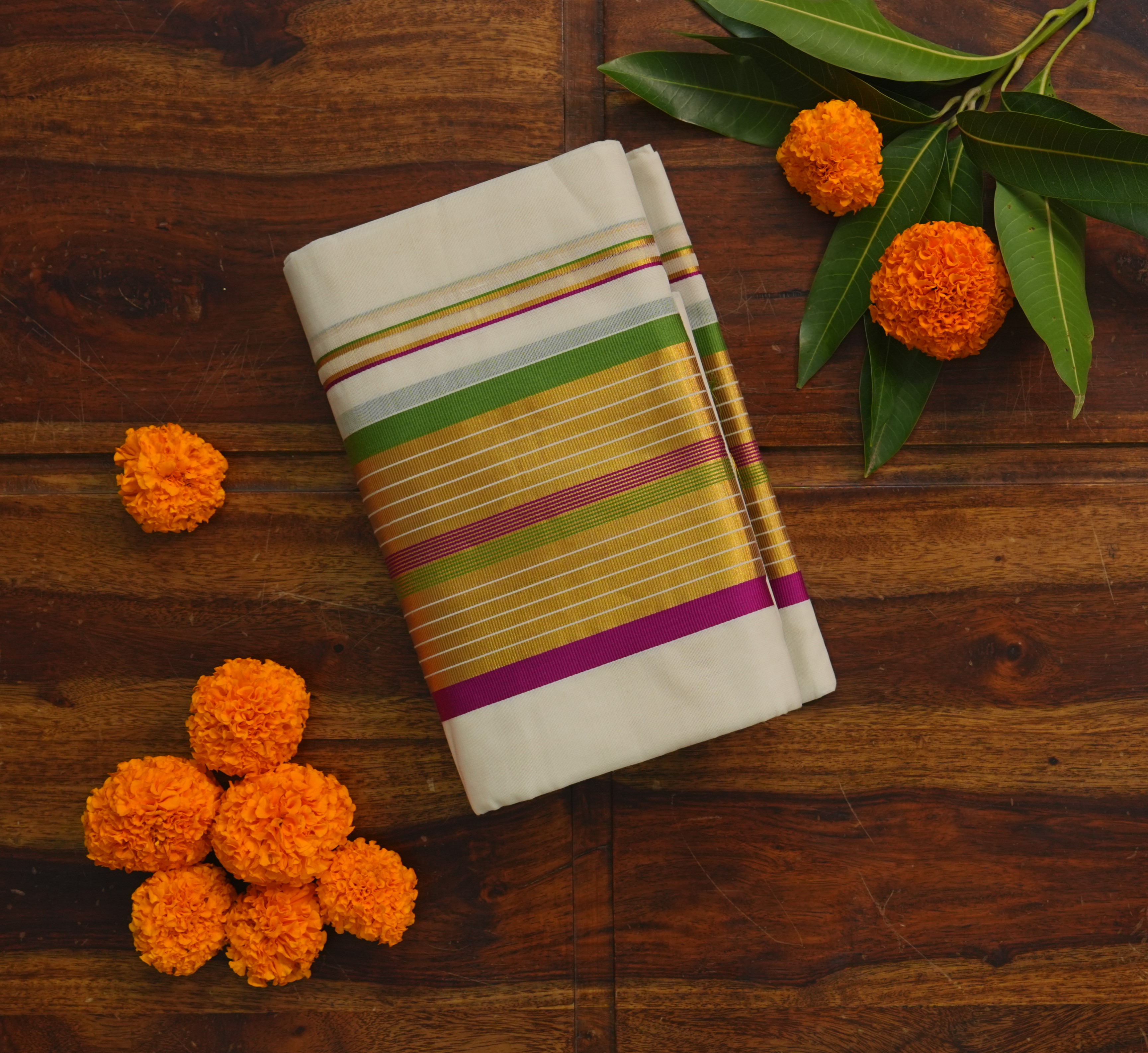 Pure Handloom Kerala Set Mundu – Gold, Magenta & Parrot Green