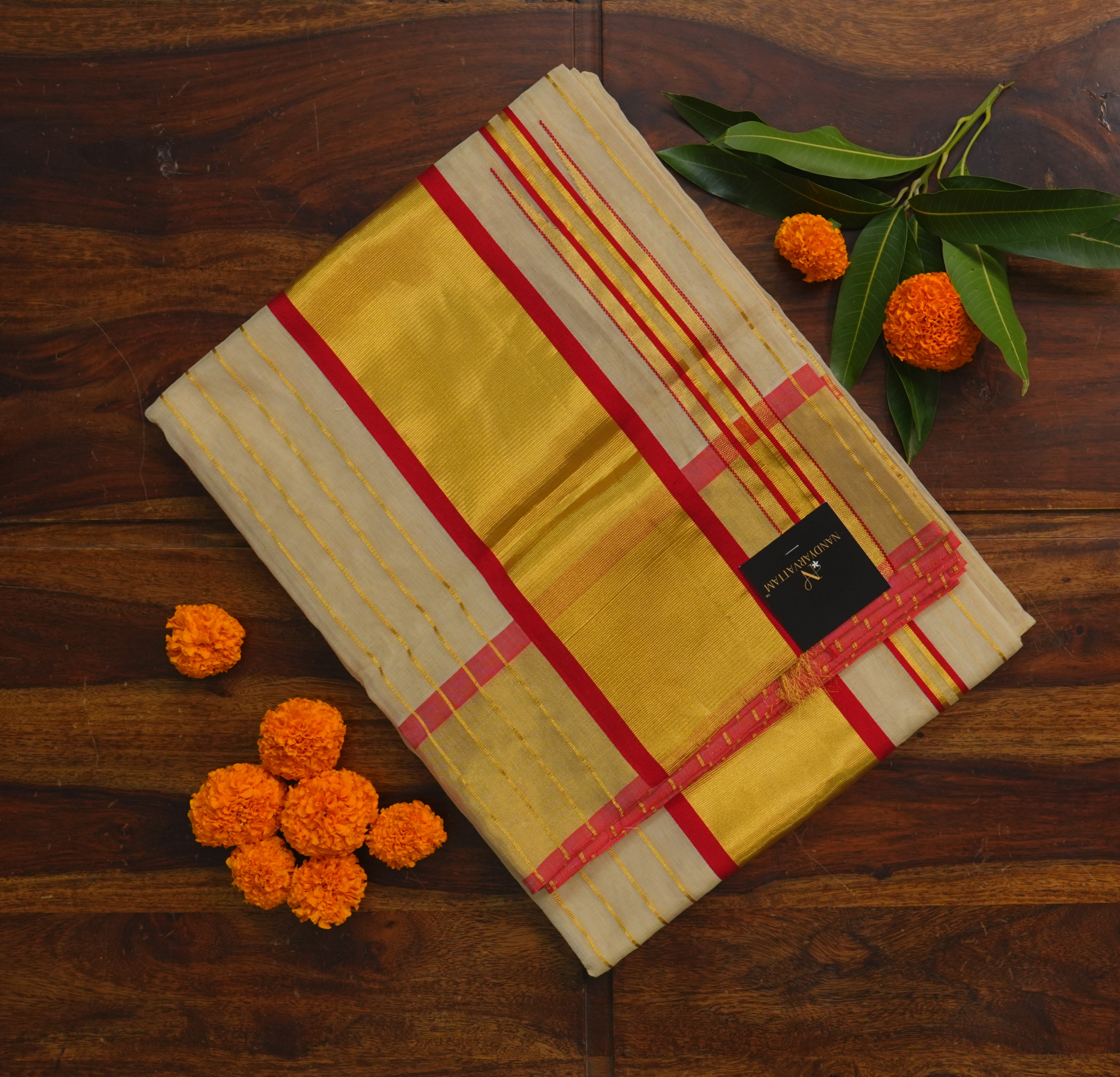 Pure Handloom Premium Tissue Set Saree – Gold Kasavu with Red Accents