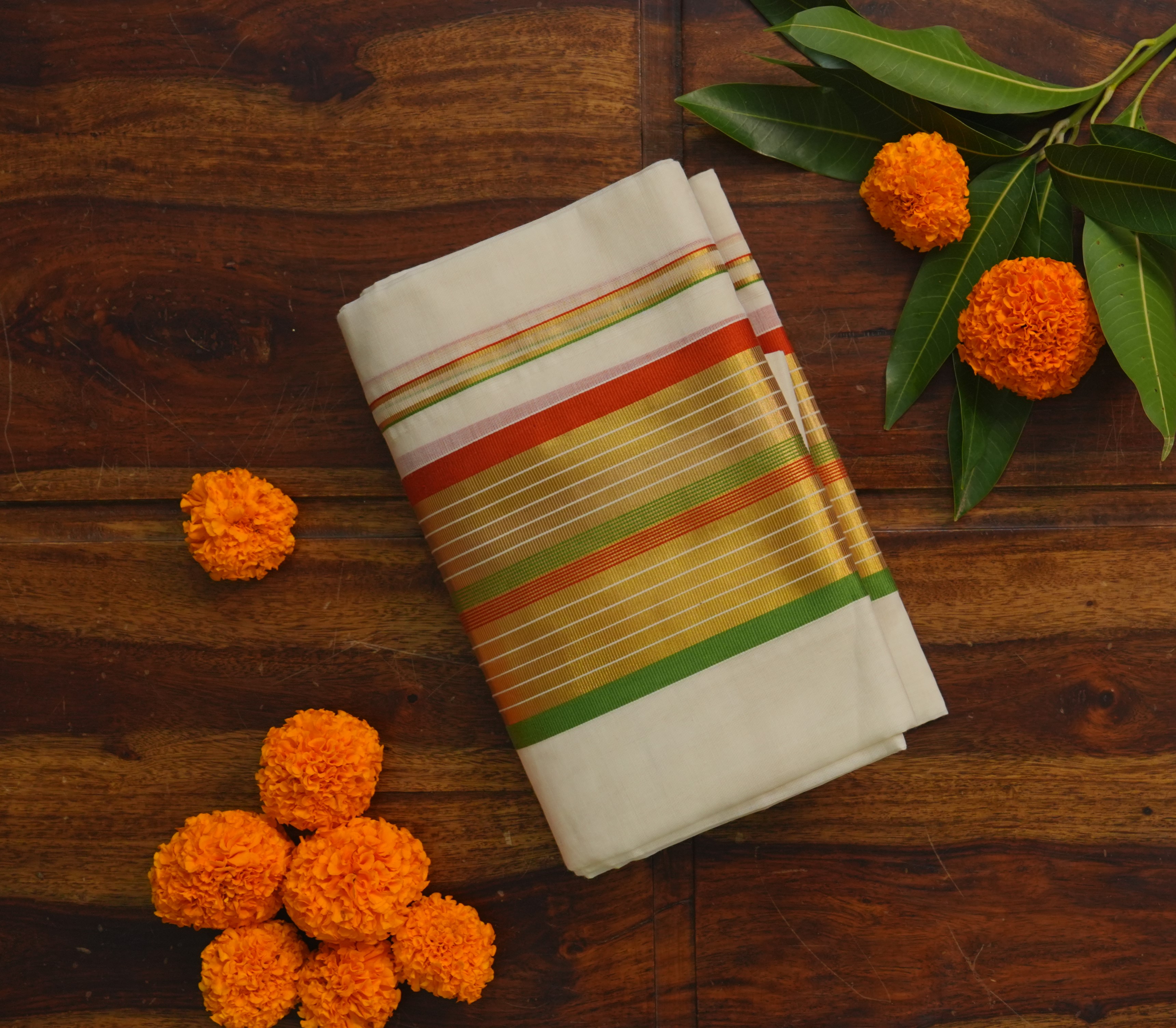 Pure Handloom Kerala Set Mundu – Gold, Rust Orange & Parrot Green