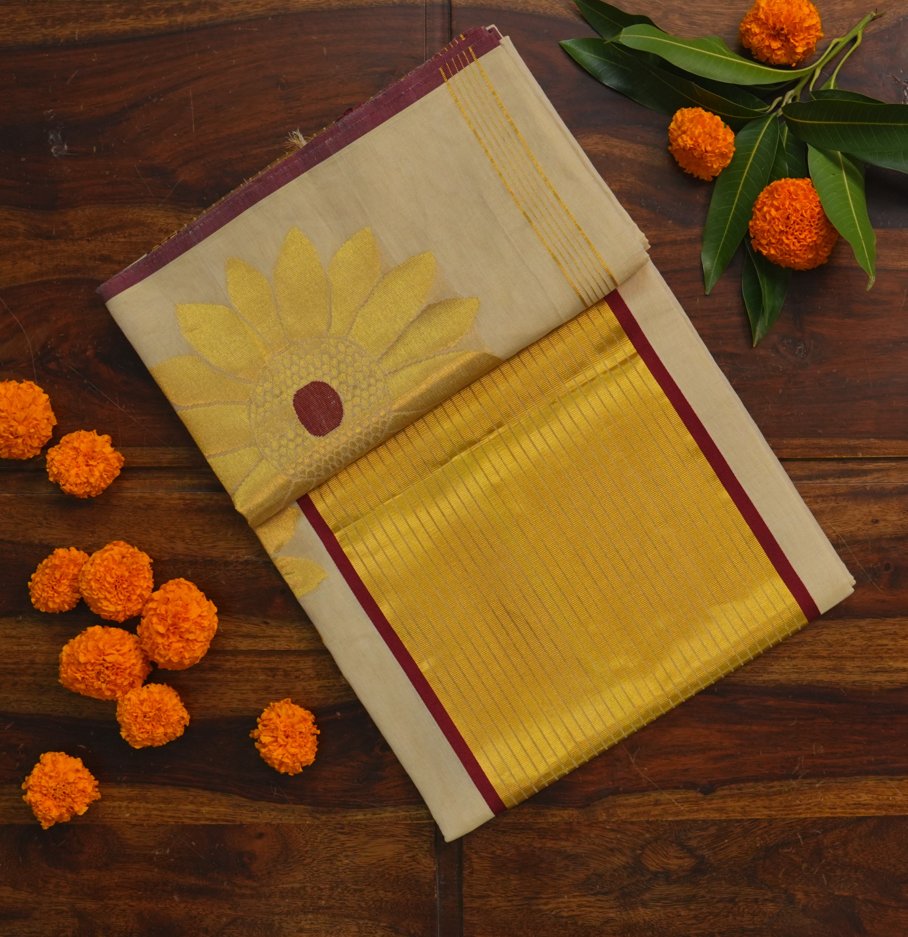 🌻 SOORYAKANTHI — The Sunflower Heritage Collection Pure Handloom Tissue Set Saree | Grand Gold Kasavu | Maroon Accent