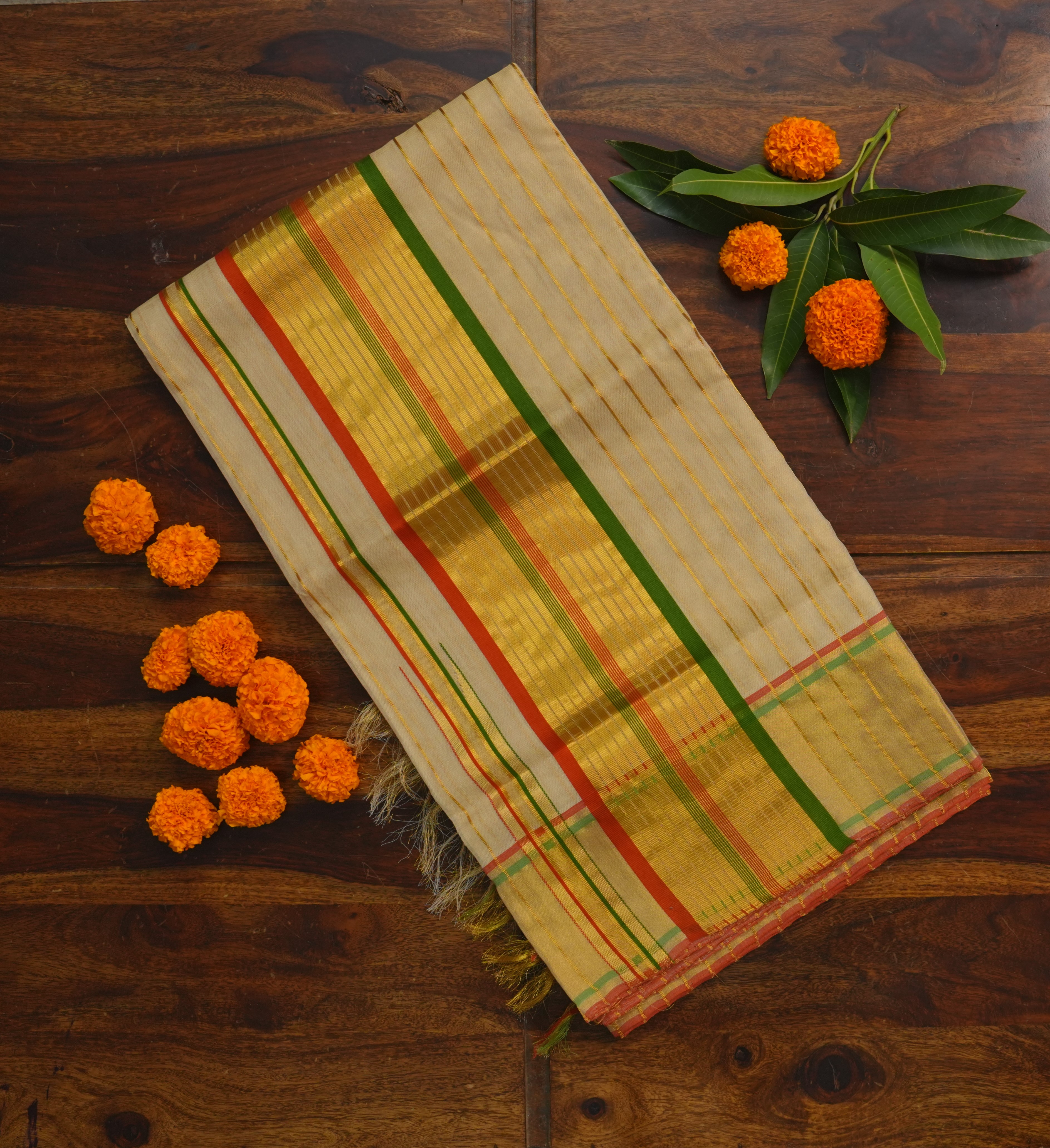 Pure Handloom Premium Tissue Set Saree – Gold Kasavu with Parrot Green & Rust Orange Accents