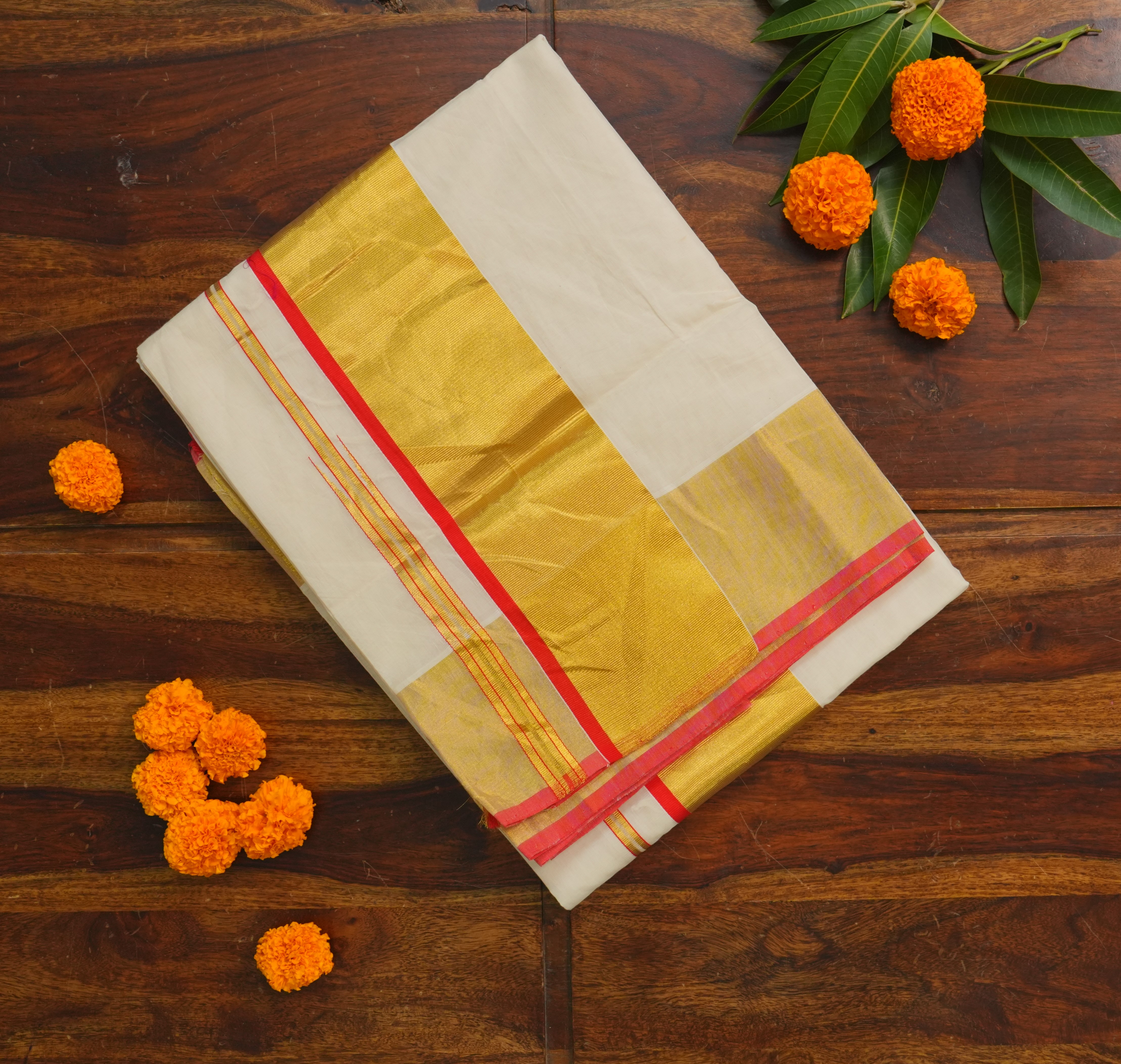 Pure Handloom Kasavu Saree with Red Accents