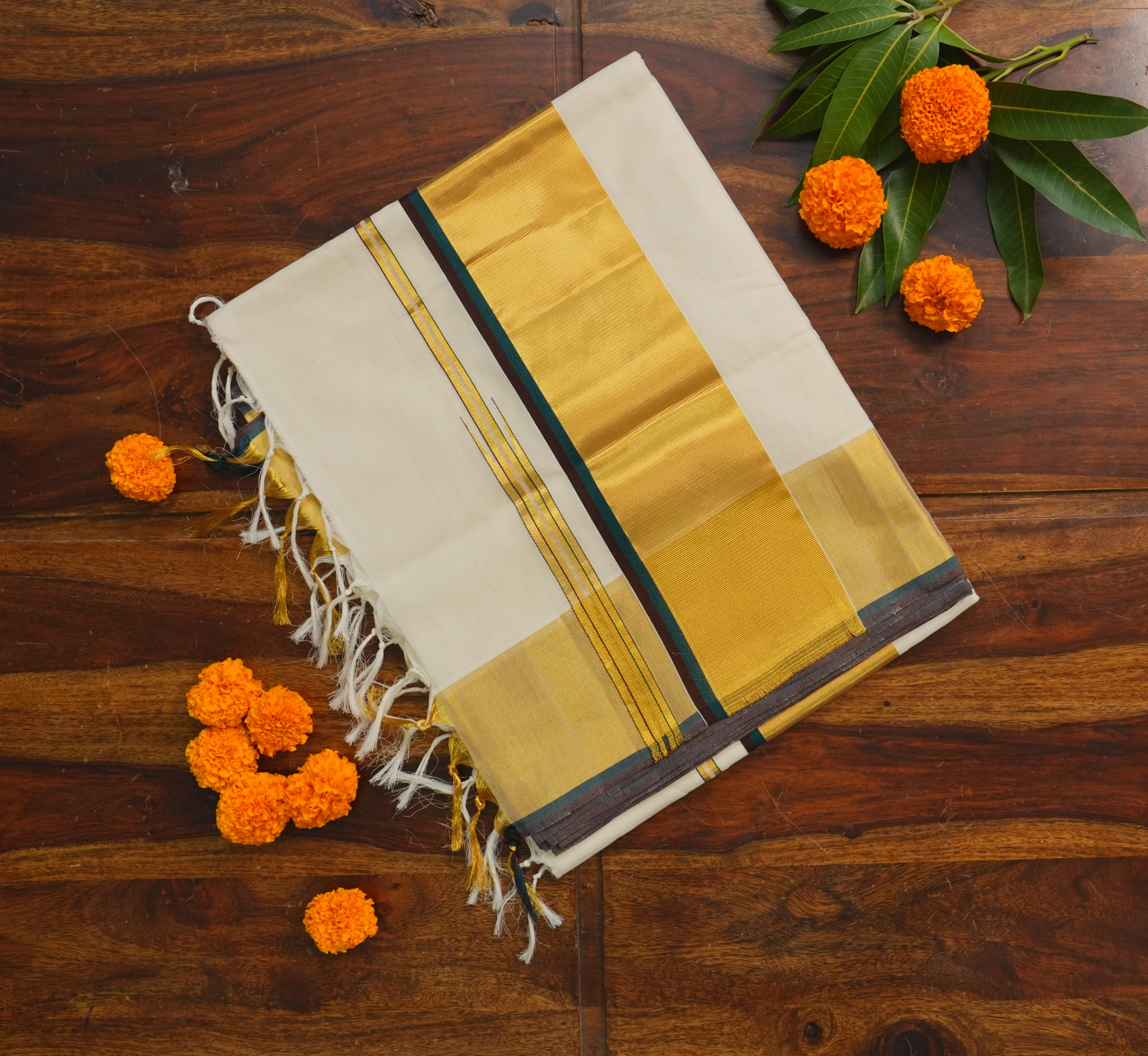 Pure Handloom Kasavu Saree with Bottle Green & Coffee Brown Accents