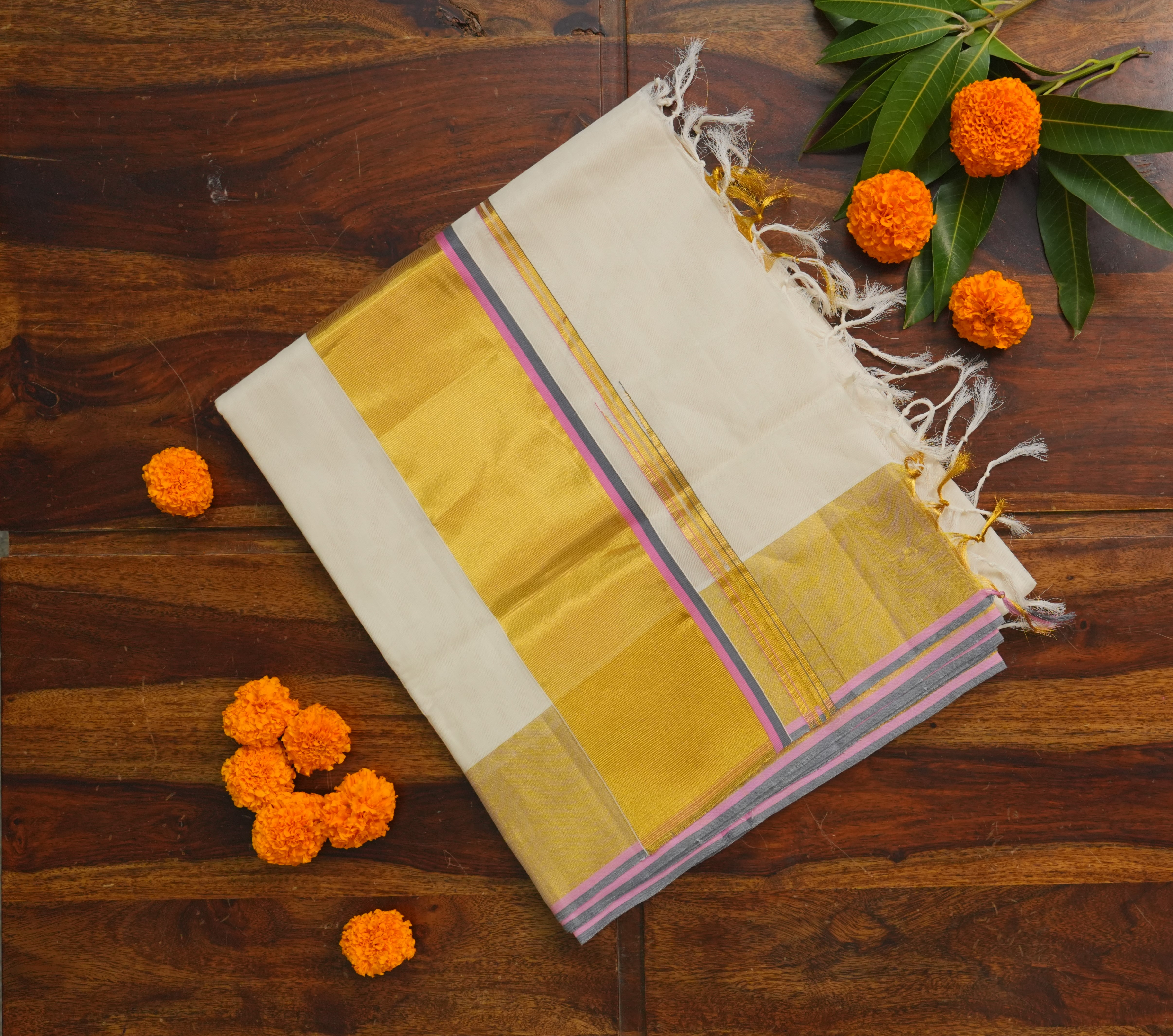 Pure Handloom Kasavu Saree with Ash & Lotus Pink Accents