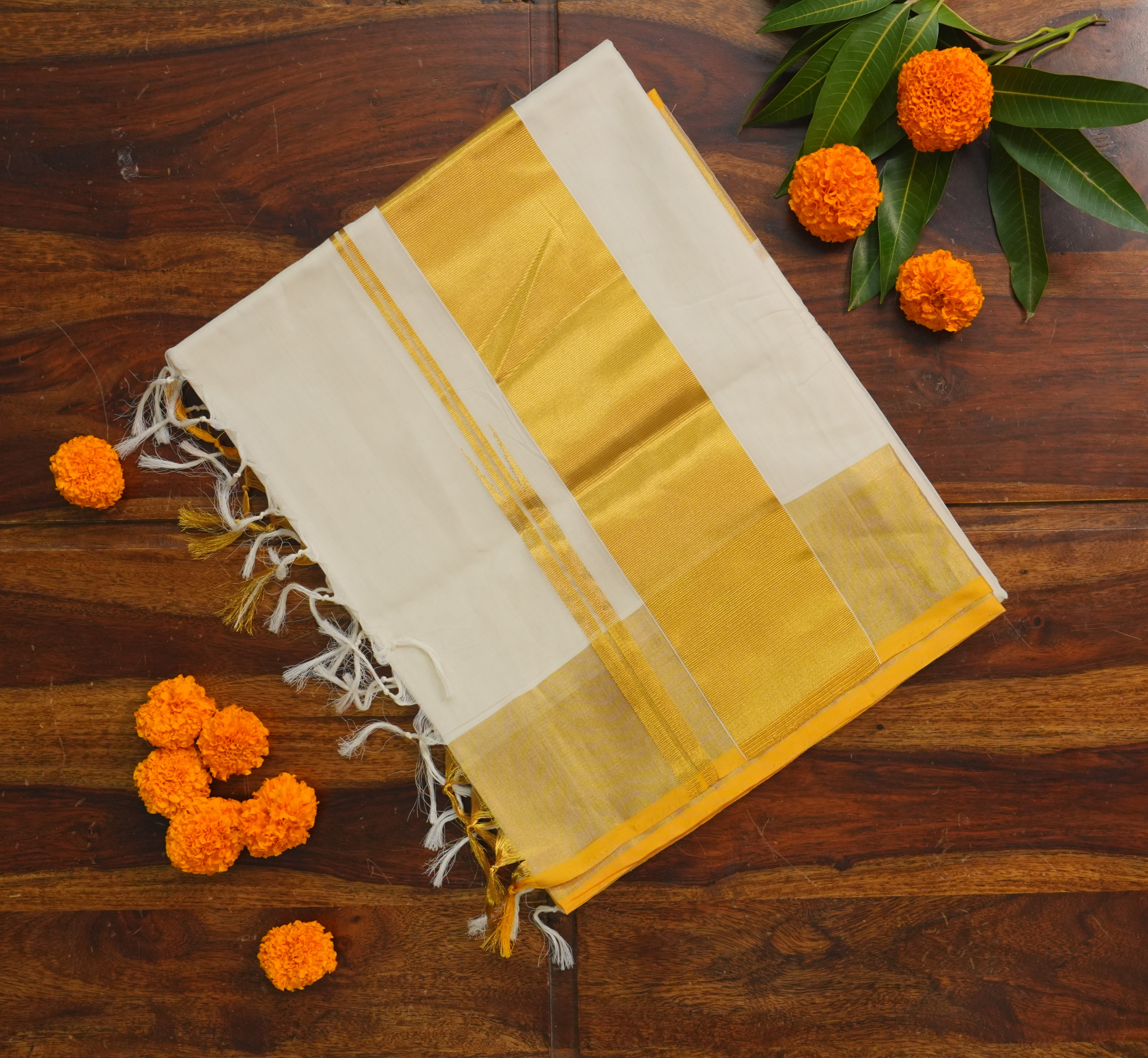 Pure Handloom Classic Plain Kasavu Saree with Traditional Yellow Accent