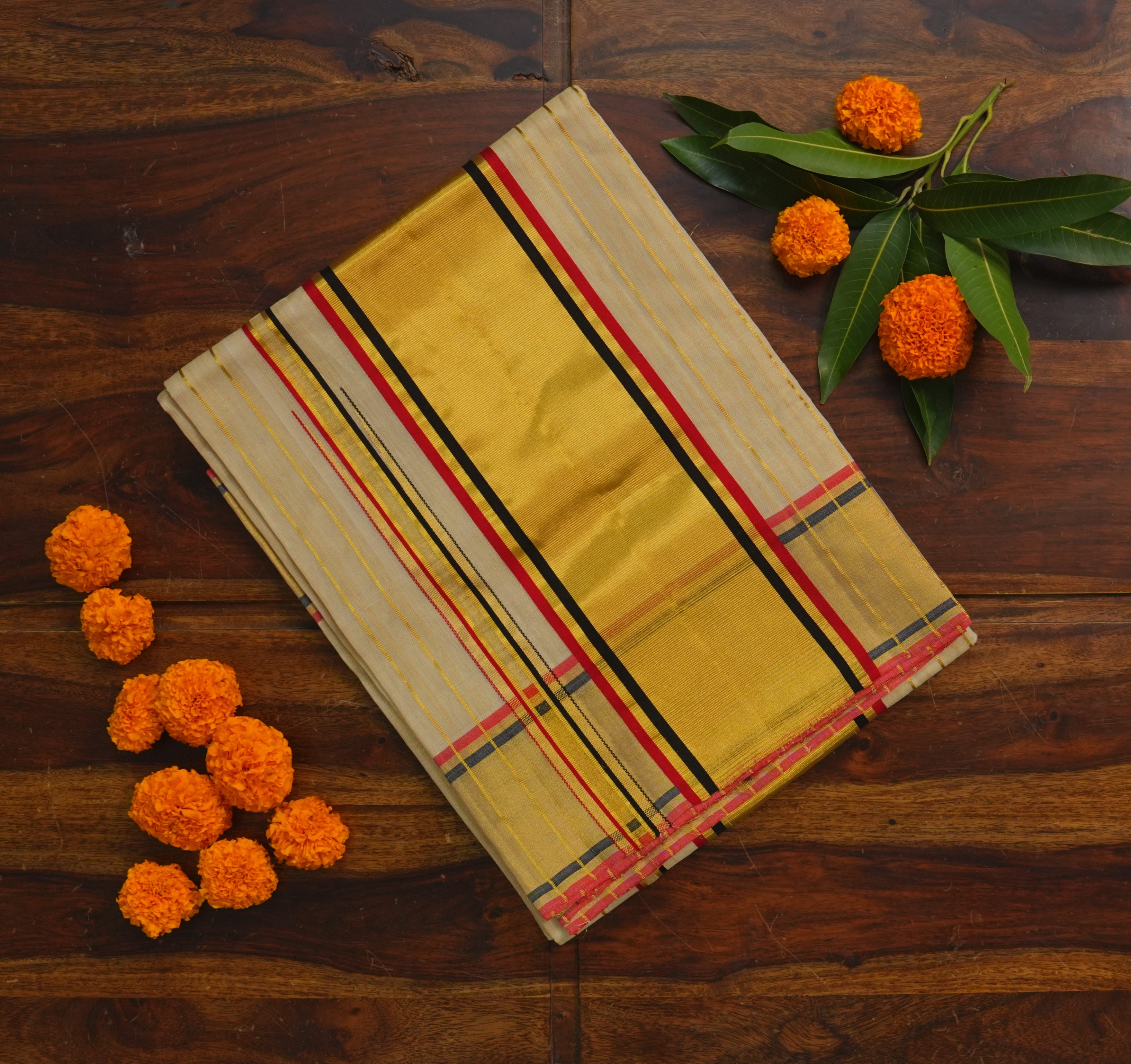 Pure Handloom Tissue Set Saree with Red & Black Kasavu Accents