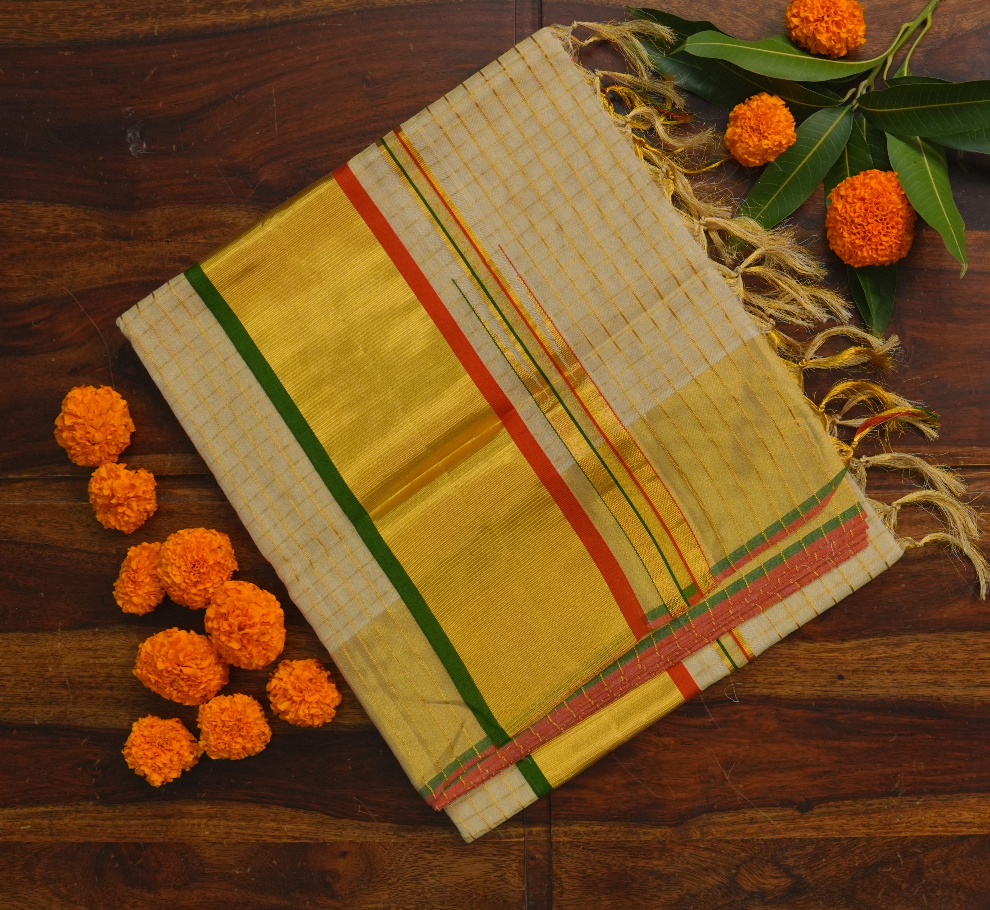 Pure Handloom Premium Tissue Kasavu Saree – Green & Rust Orange accent