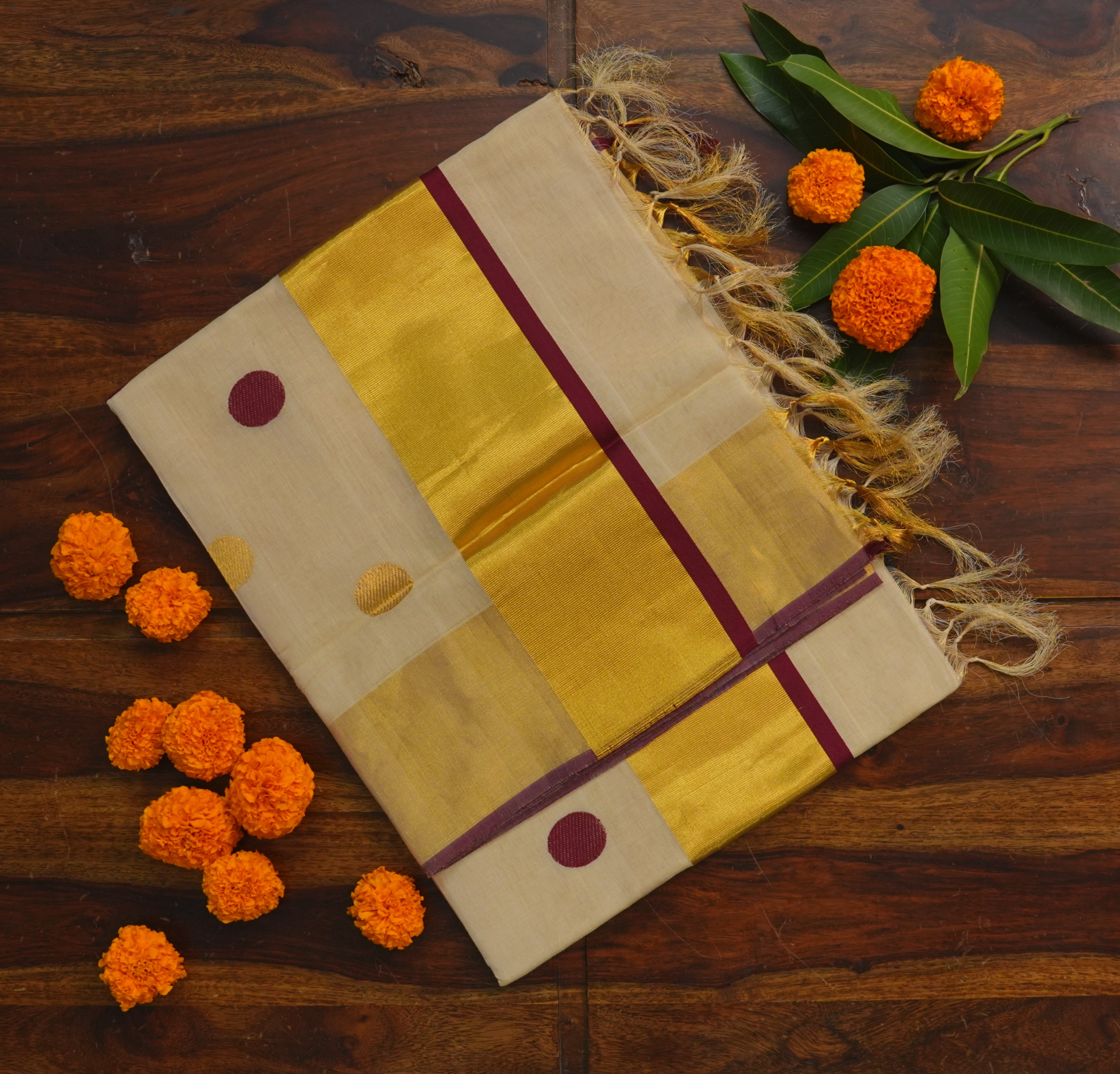 ✨ Pure Handloom Premium Tissue Saree with Gold & Maroon Polka Dots – Royal Heritage Collection