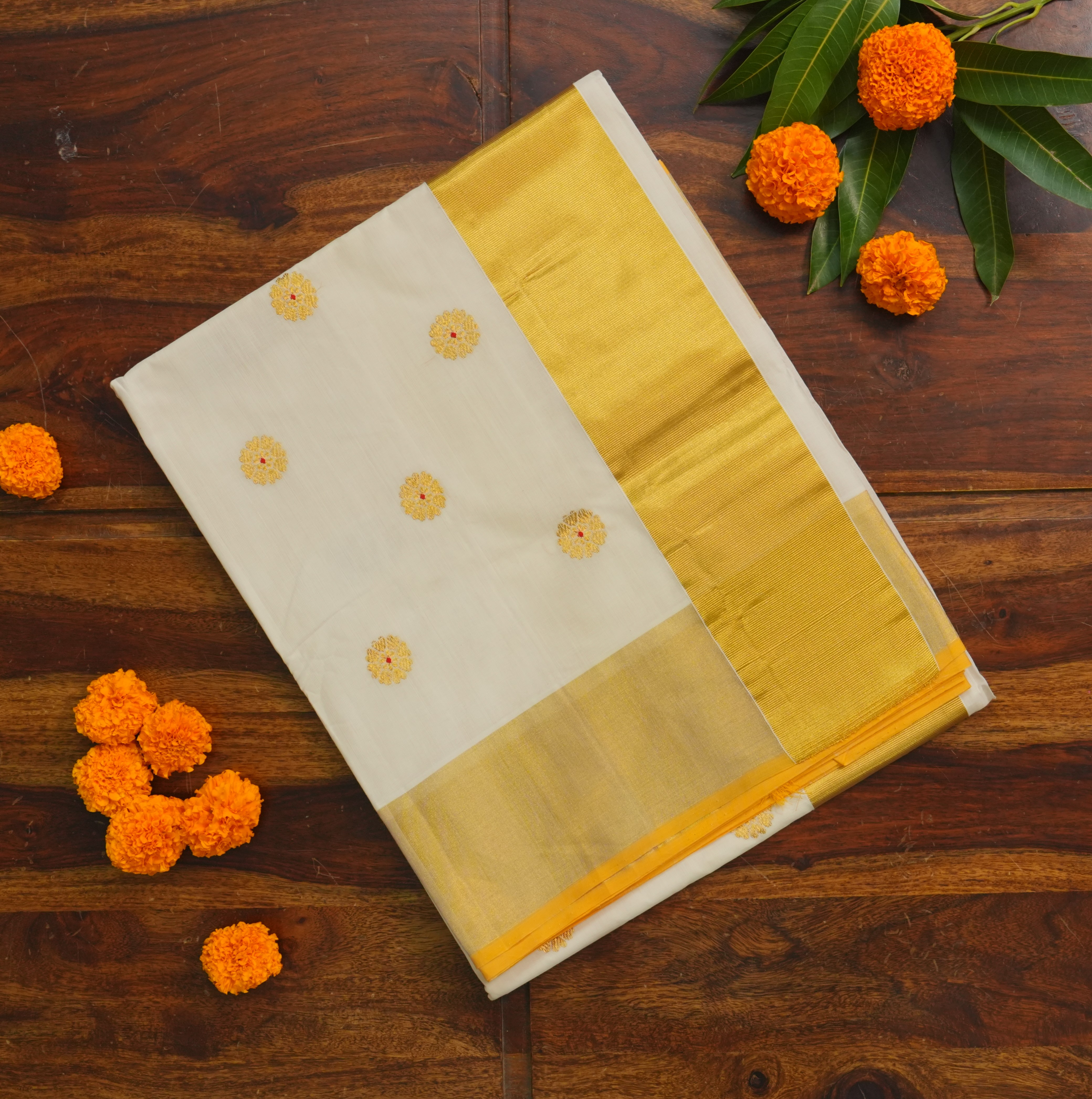 Pure Handloom Premium Kasavu Saree with Meenakari Buttas – Golden Heritage