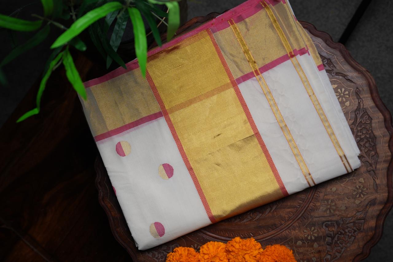 Kerala Kasavu Saree with Pink Polka Dots & Gold Kasavu Border