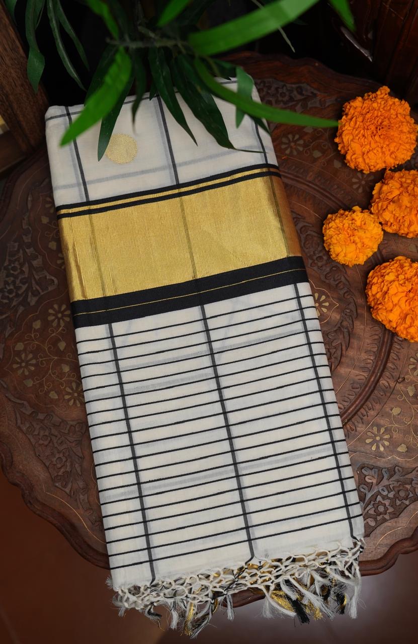 Kerala Kasavu Saree with Black & Gold Polka Dots and Classic Kasavu Border