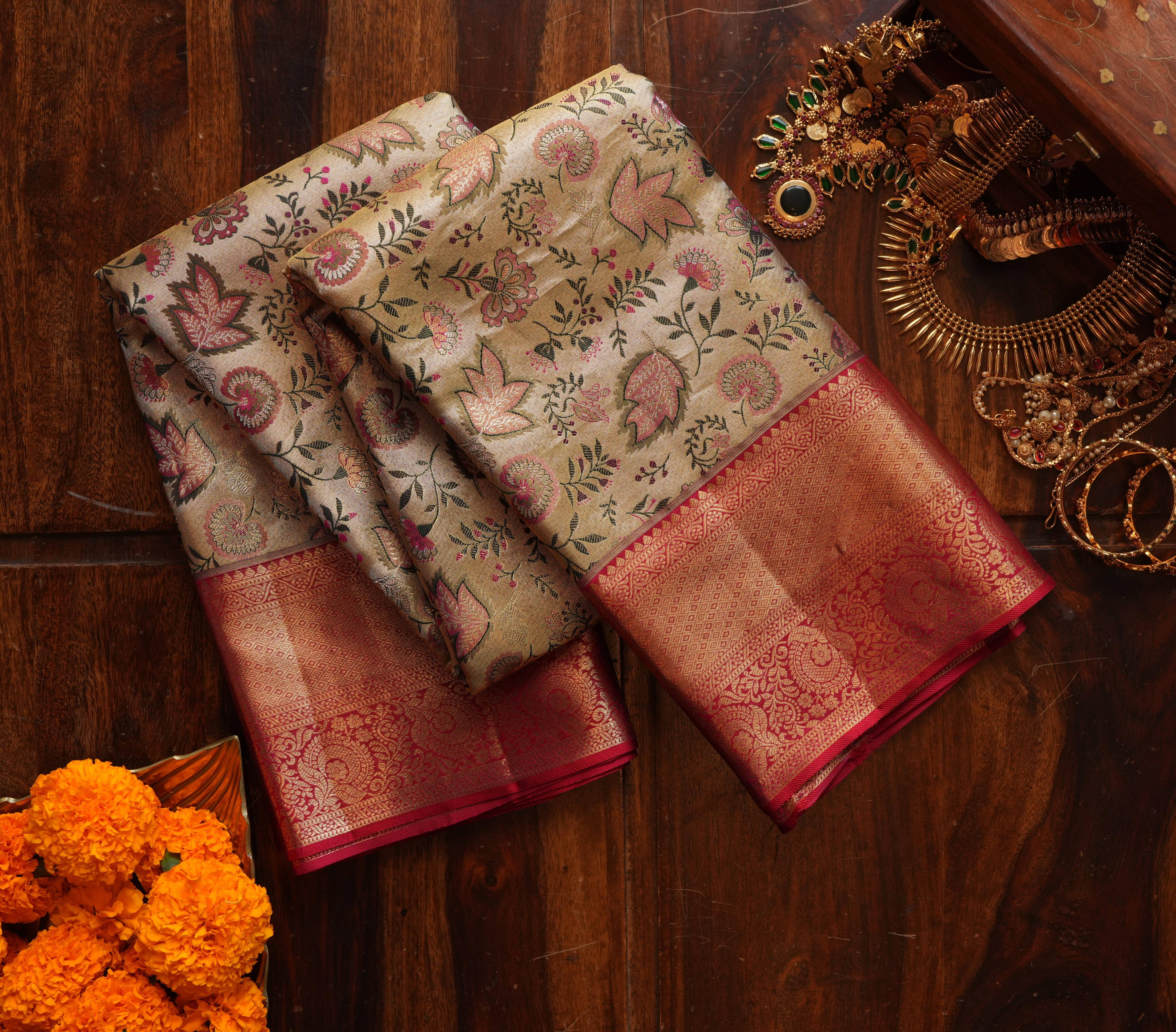 Elegant Cream Kanchipuram Tissue Silk Saree with Rich Gold Zari Pallu