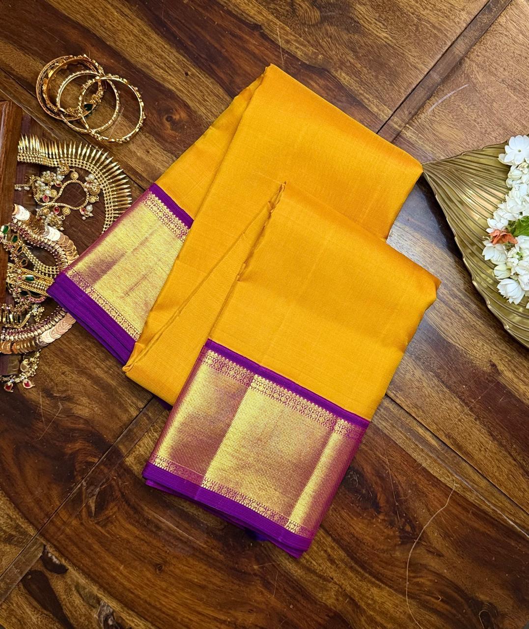 Pure Kanchipuram Silk Saree in Mustard Yellow with Royal Purple Border