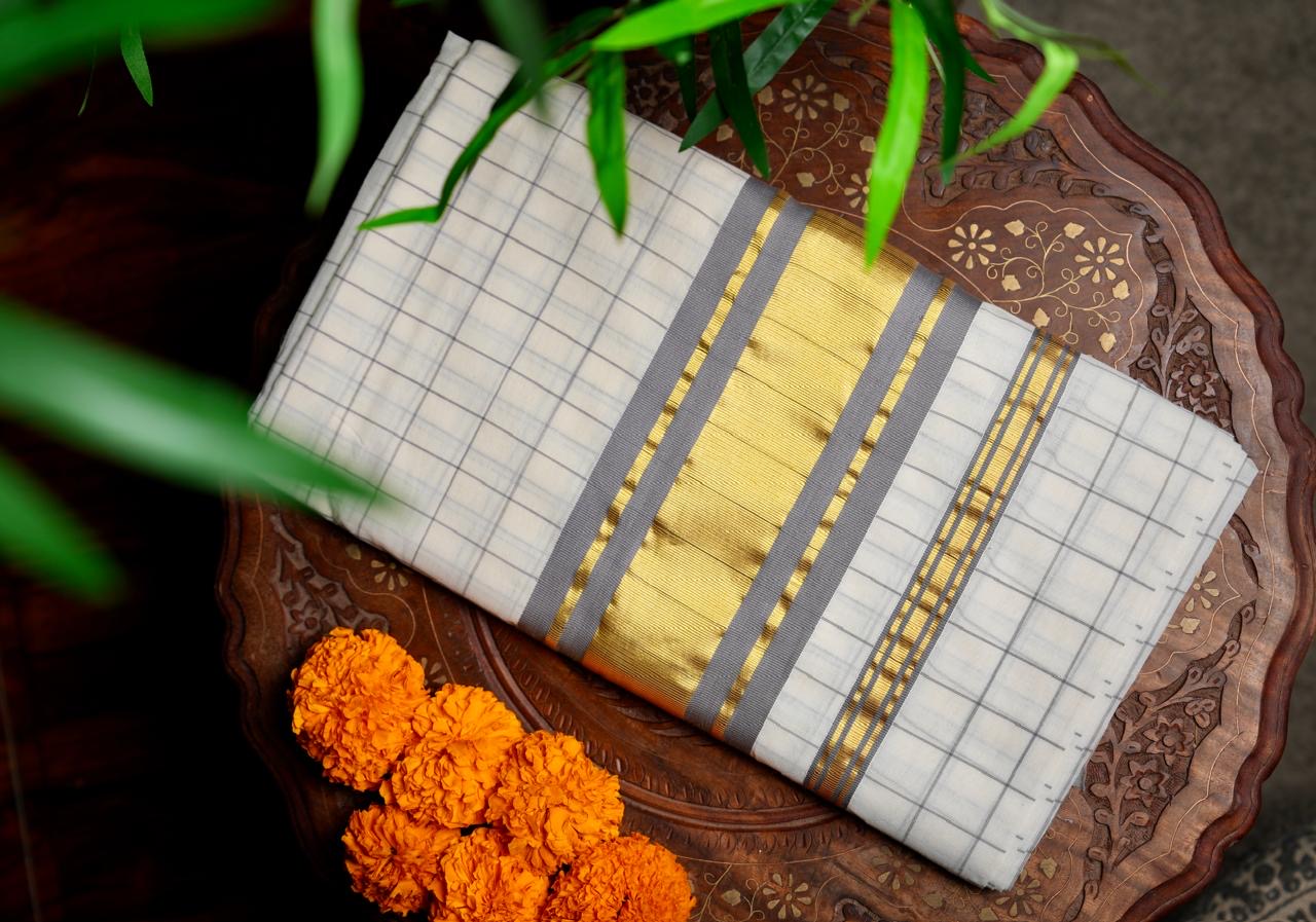 Pure Handloom Kerala Kasavu Saree with Grey Check Pattern and Classic Kasavu Border