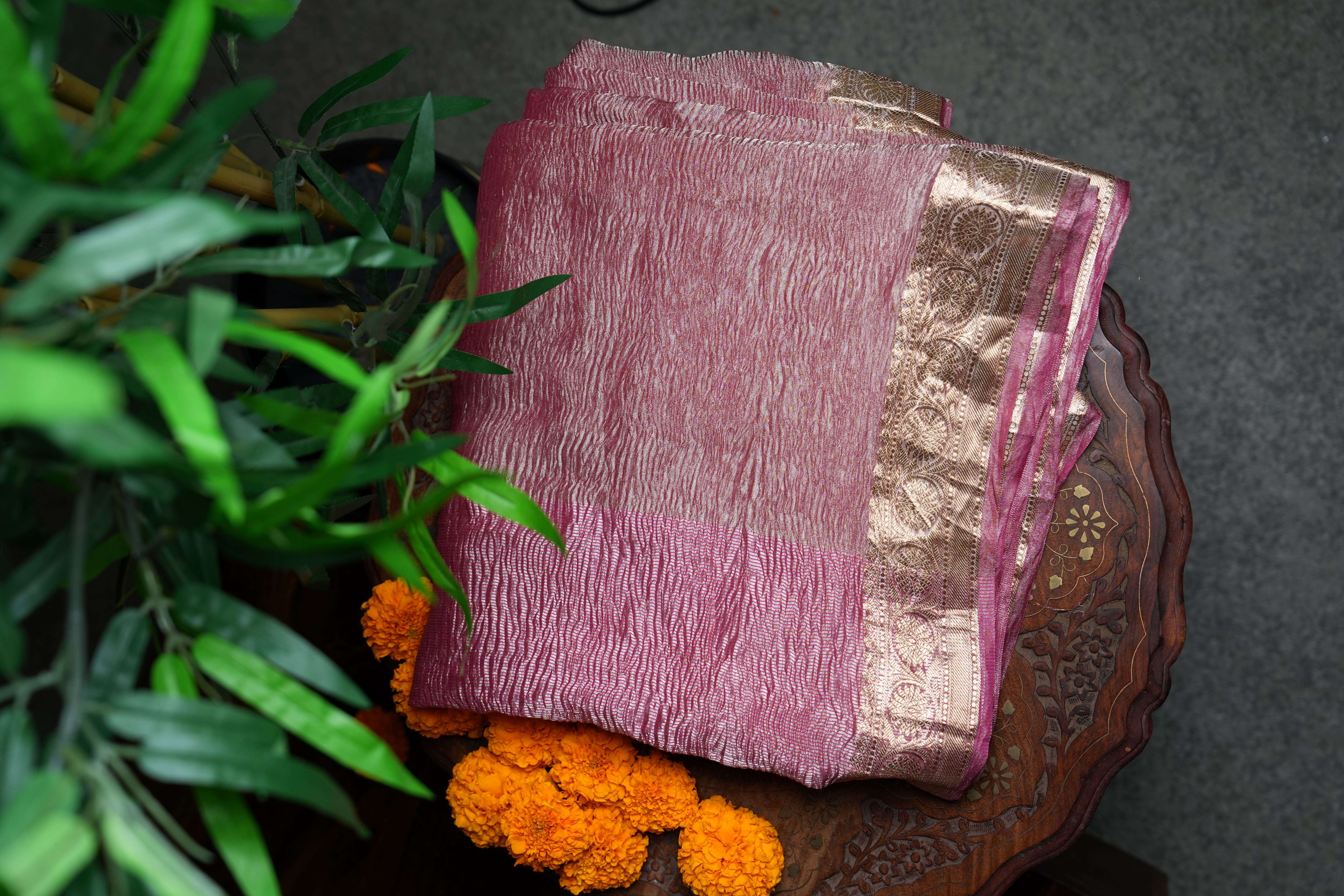 Pure Crush Tissue Saree in Dusty Mauve with Elegant Zari Border