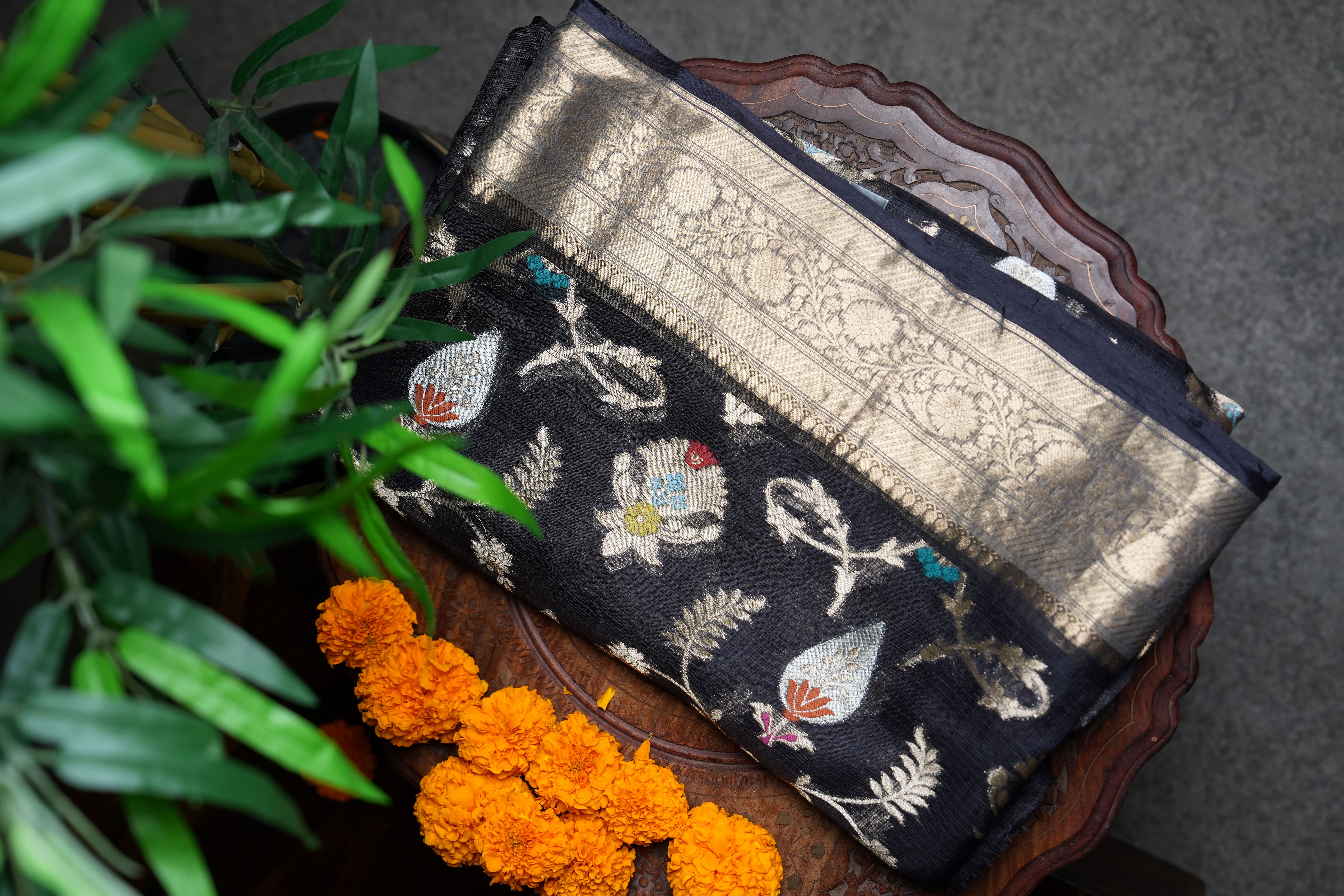 Pure Kota Silk Saree with Meenakari Weaving & Antique Gold Zari Border