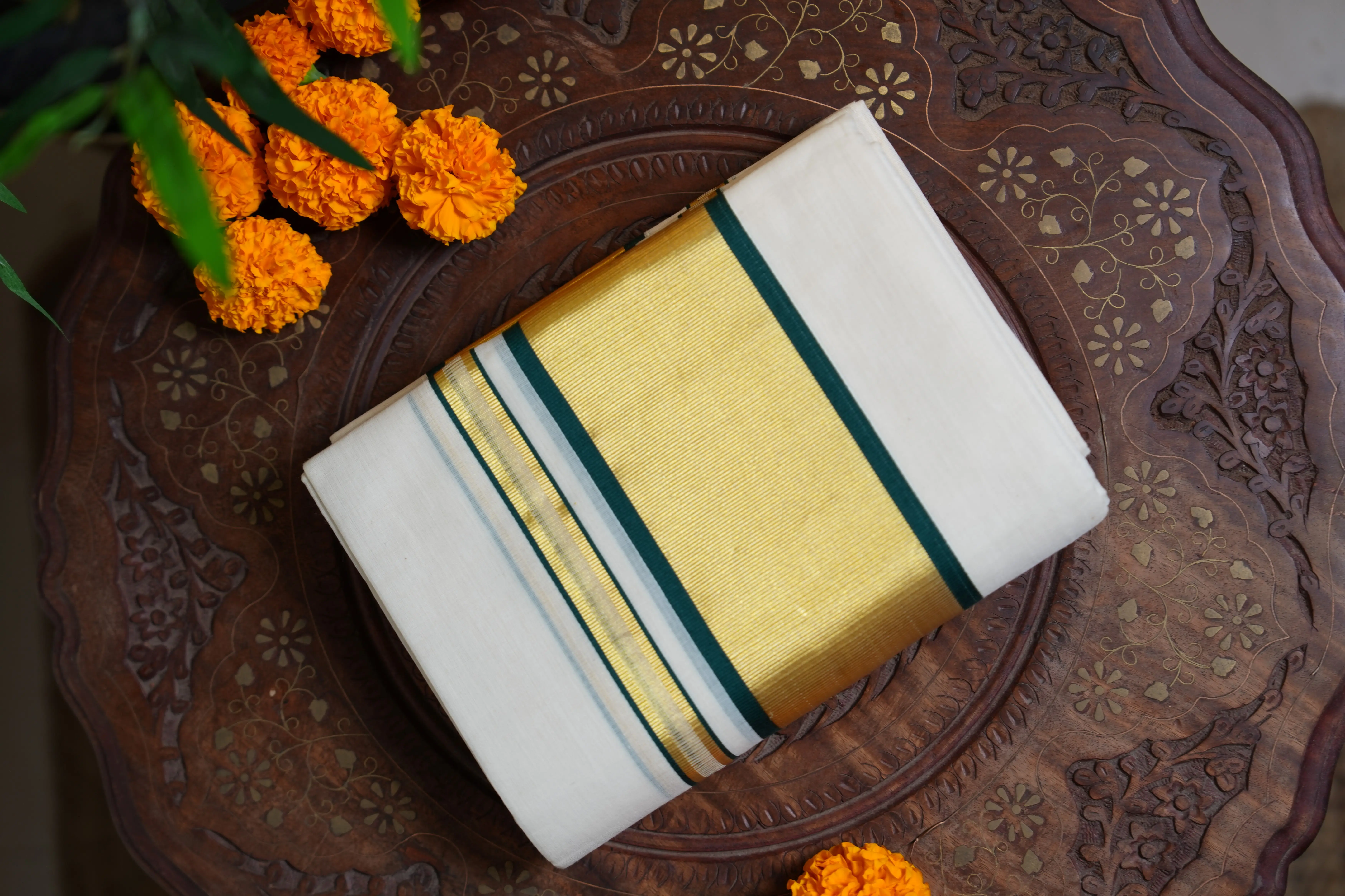 Pure Balaramapuram Handloom Kasavu Set Mundu with Premium Green Kasavu Border